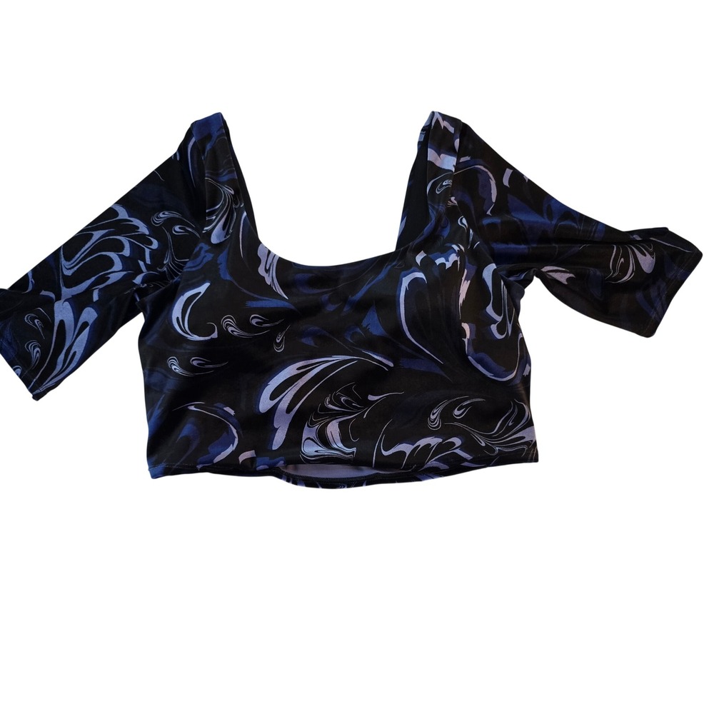 Athleta Exhilarate Velvet Crop Top Blue Black Swirl Square Neck XL NWT Athletic